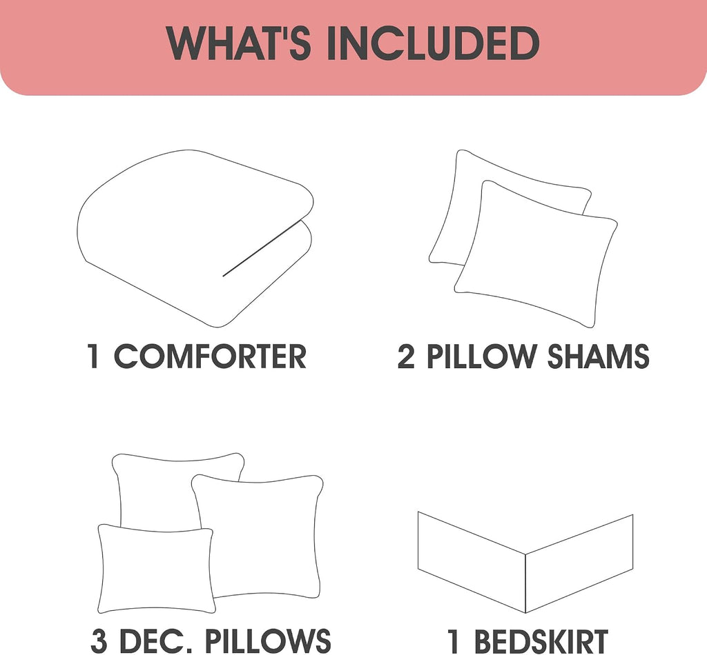 LANCO MODERN LIFESTYLE Queen Comforter Set 7 Piece, Black Red, Waffle Clipping and Sateen Jacquard Weave, Soft and Lightweight Bedding Set for All Seasons, Bedskirt, Shams and Decor Pillows