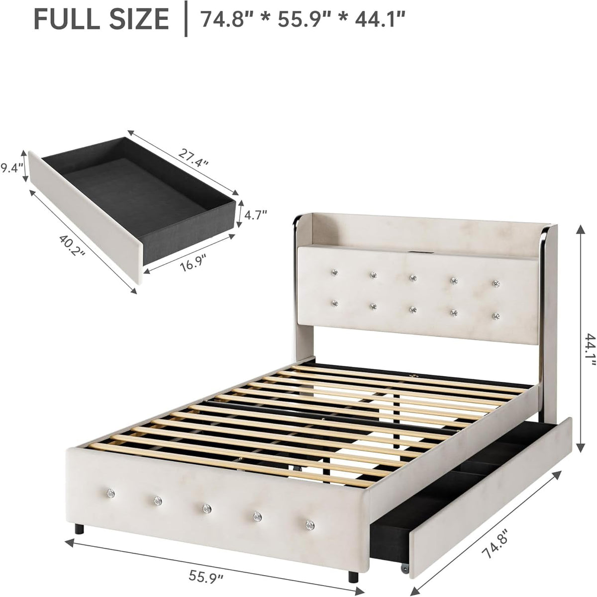 GarveeHome Full Size Bed Frame with Storage Headboard& Charging Station, Velvet Upholstered Full Size Platform Bed Frame with 4 Drawers&Wooden Slat Support, Noise Free Design, Easy to Assemble, Beige