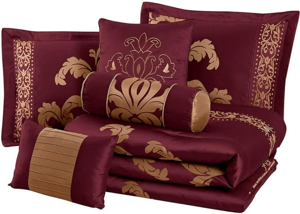 TRP 7 Piece Bed in Bag Luxury Royal Floral Comforter Set King Size | Pretty Maroon/Gold Color Aesthetic Bedding All Seasons Rich Vibrant Look Soft Plush Cozy Feel