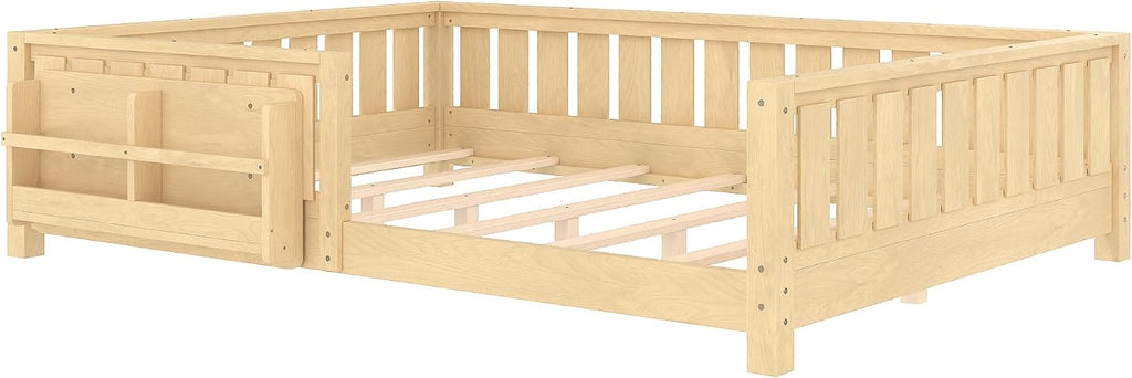 Bellemave Queen Size Floor Bed with Slats and Safety Guardrail, Queen Size Montessori Floor Bed with Fence and Built-in Bookshelf, Easy Assemble Montessori Beds for Girls, Boys, Light Natural