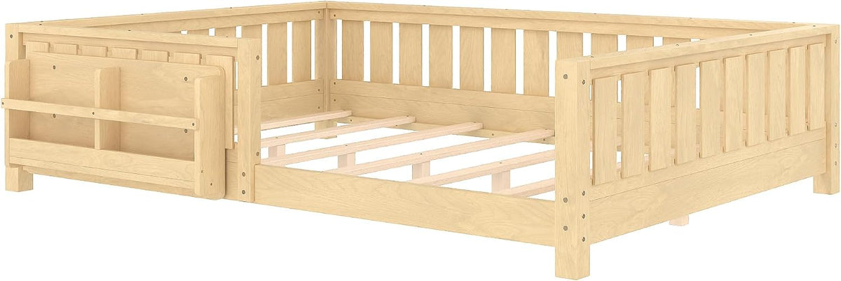 Bellemave Queen Size Floor Bed with Slats and Safety Guardrail, Queen Size Montessori Floor Bed with Fence and Built-in Bookshelf, Easy Assemble Montessori Beds for Girls, Boys, Light Natural