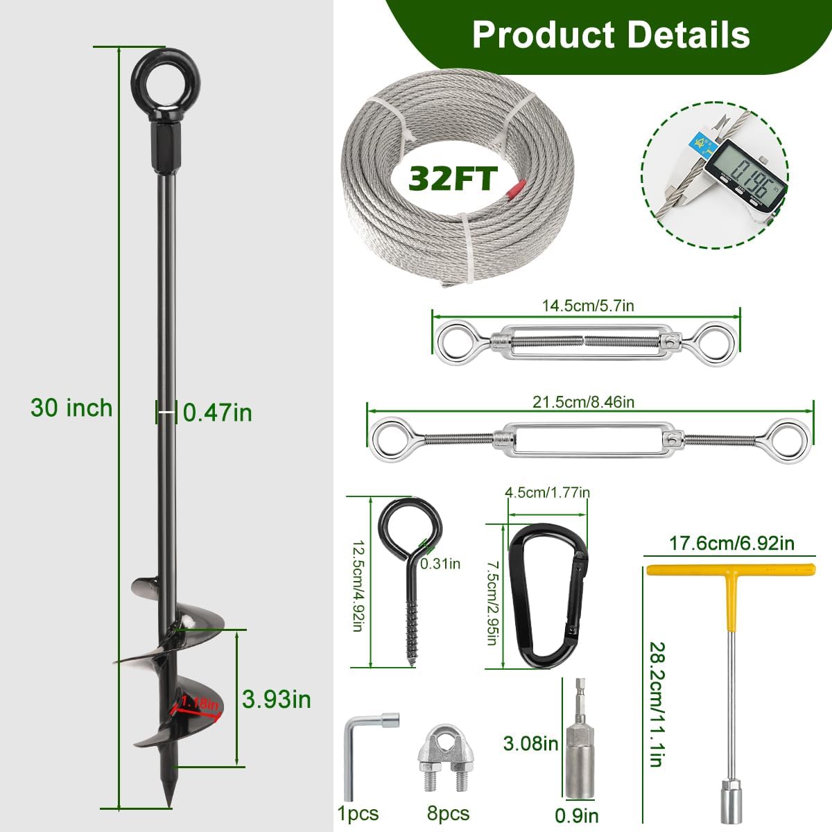 6 Pcs 30' Ground Anchors Heavy Duty Shed Anchor Kit with 3/16 Galvanized Cable & Turnbuckles, Triple-Turn Helix Earth Anchors for Carport Canopy Gazebo Trampoline Swingset Mobile Home