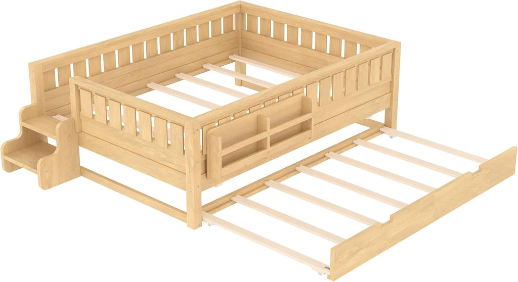 Bellemave Full Bed with Trundle and Stairs, Full Size Platform Bed Frame with Fence and Bookshelf, Easy Assemble Beds for Kids, Girls, Boys, Light Natural