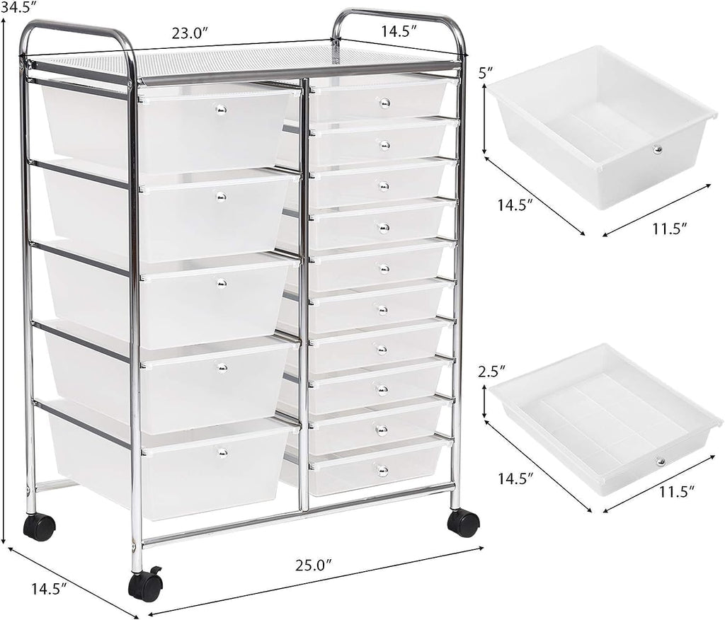 LUARANE Rolling Cart with 15 Drawers, Craft Storage Cart with Portable Handles & Lockable Wheels, Mobile Toys Organizer, Large Capacity Utility Drawer Cart Home Office School Teacher (Clear)