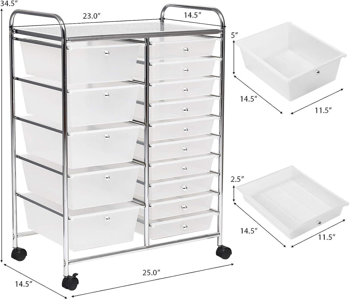 LUARANE Rolling Cart with 15 Drawers, Craft Storage Cart with Portable Handles & Lockable Wheels, Mobile Toys Organizer, Large Capacity Utility Drawer Cart Home Office School Teacher (Clear)