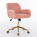 Plush Faux Fur Desk & Vanity Chair with Gold Base – Comfy Adjustable Girls Desk Chair, Makeup Chair, 360° Swivel, Tilt Backrest, Rolling Wheels – Modern Chic Home Office Seating,Pink