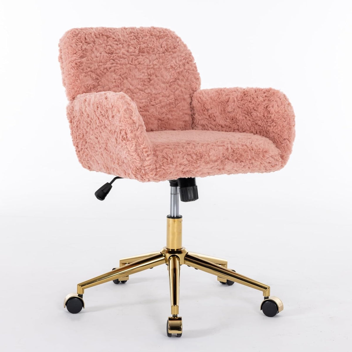 Plush Faux Fur Desk & Vanity Chair with Gold Base – Comfy Adjustable Girls Desk Chair, Makeup Chair, 360° Swivel, Tilt Backrest, Rolling Wheels – Modern Chic Home Office Seating,Pink