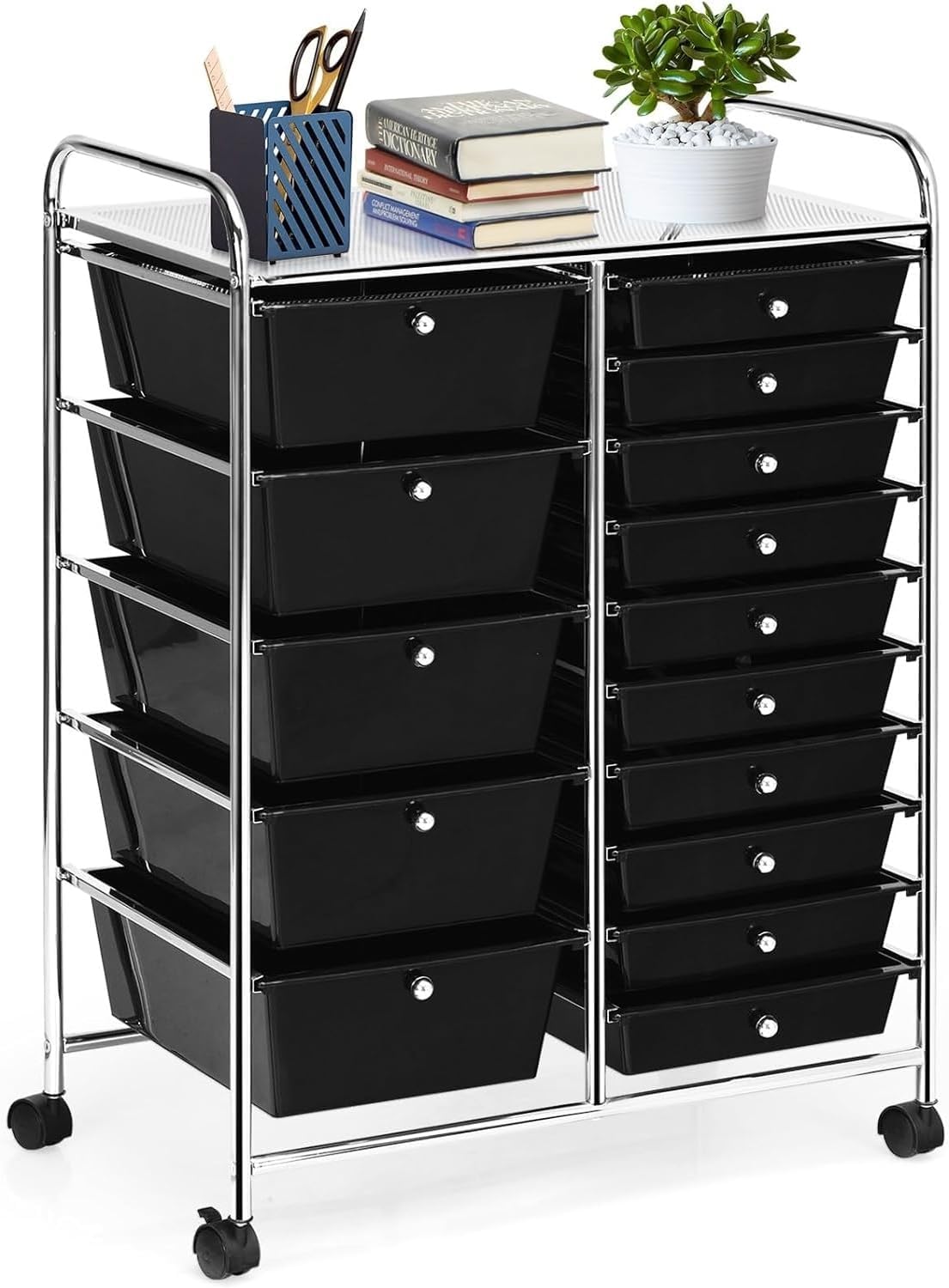 LUARANE Rolling Cart with 15 Drawers, Craft Storage Cart with Portable Handles & Lockable Wheels, Mobile Toys Organizer, Large Capacity Utility Drawer Cart Home Office School Teacher (Black)