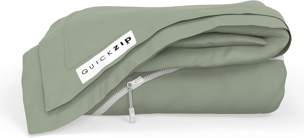 QuickZip Fitted Plus Spare Bundle: 1 Fitted Sheet (Base + Zip Sheet) & 1 Zip Sheet - Easy to Change, Won't Pop Off - Soft Percale 400 TC 100% Cotton - 13.5' Deep Pockets RV Queen Size – Moss Green