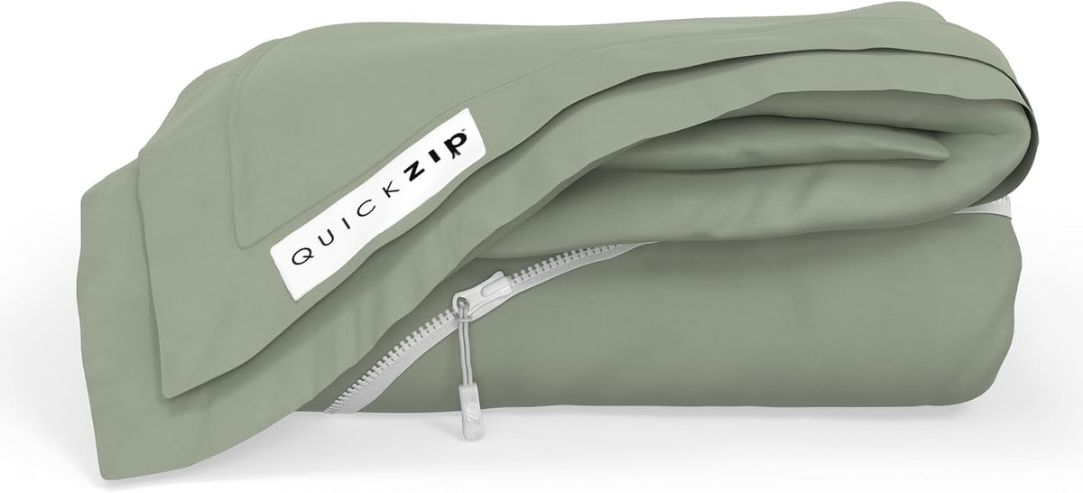 QuickZip Fitted Plus Spare Bundle: 1 Fitted Sheet (Base + Zip Sheet) & 1 Zip Sheet - Easy to Change, Won't Pop Off - Soft Percale 400 TC 100% Cotton - 13.5' Deep Pockets RV Queen Size – Moss Green