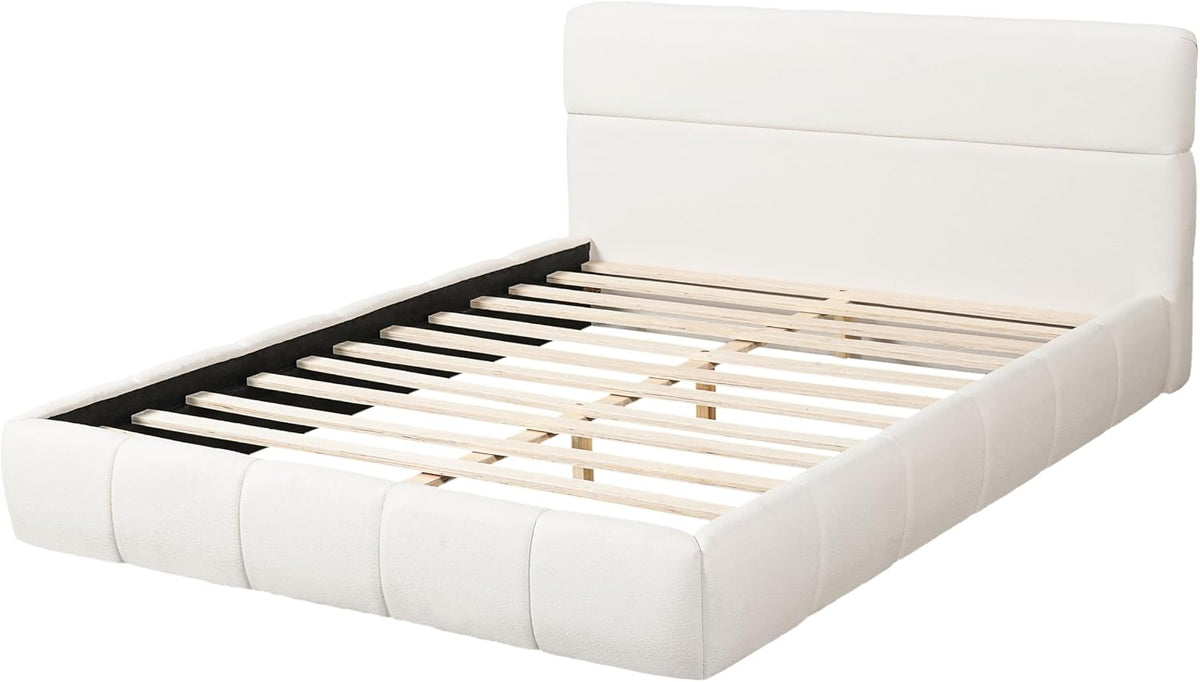 JIJIWANG Queen Size Upholstered Platform Bed Frame with Soft Boucle Fabric Headboard, Wooden Slats Support, No Box Spring Needed,Easy Assembly, White