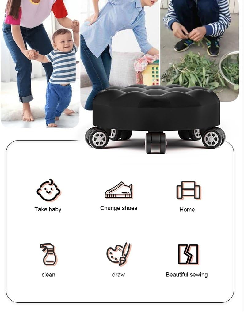 Heavy-Duty Low Roller Stool with 360° Swivel Wheels, Ottoman Footstool, Low-Height Short Rolling Stool Seat, PU Leather Small Mechanic Chair, Rolling Stools for Garage, Shop, Library Brown