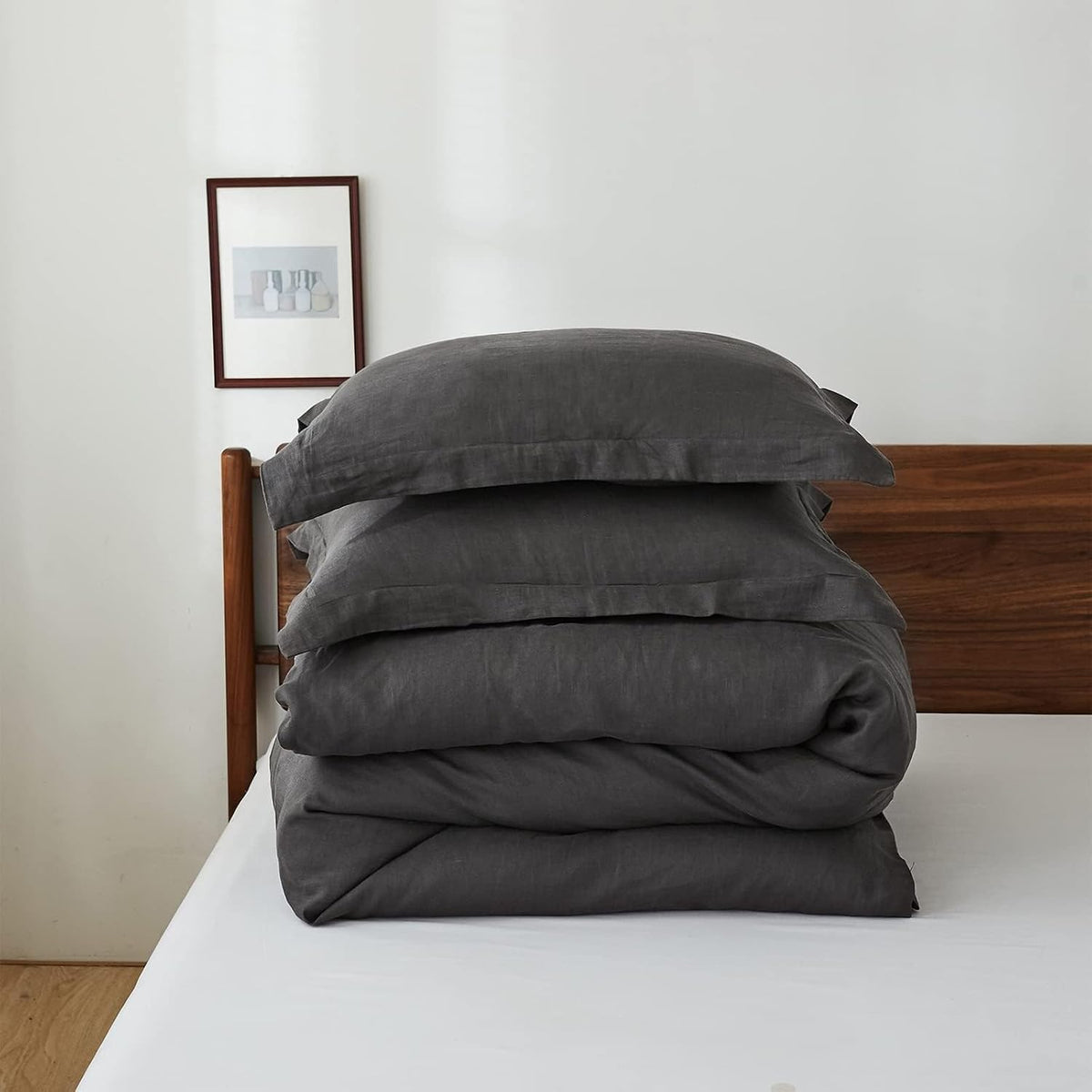 Simple&Opulence 100% Linen Duvet Cover Set, Natural French Flax Dark Grey Duvet Cover Twin Size, Breathable Soft Comfy Linen Bedding Comforter Cover with 1 Pillowcase(Dark Grey, 68'x86')