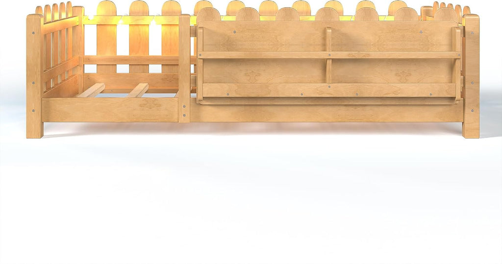 Bellemave Twin Floor Bed with Rails and Slats, Twin Size Montessori Floor Bed with Bookshelf, Fence and Lights, Low Profile Montessori Beds Frame for Girls, Boys, Light Natural
