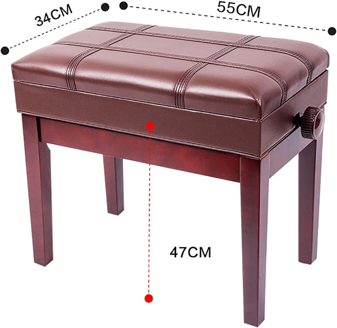 Vanity Bench,Faux Leather Piano Stool Piano Bench with Storage CompartmentLoad Capacity Up to 180Kg55 X 34 X 47-57CmHeight AdjustableSuitable for Single PersonTeak，Brown