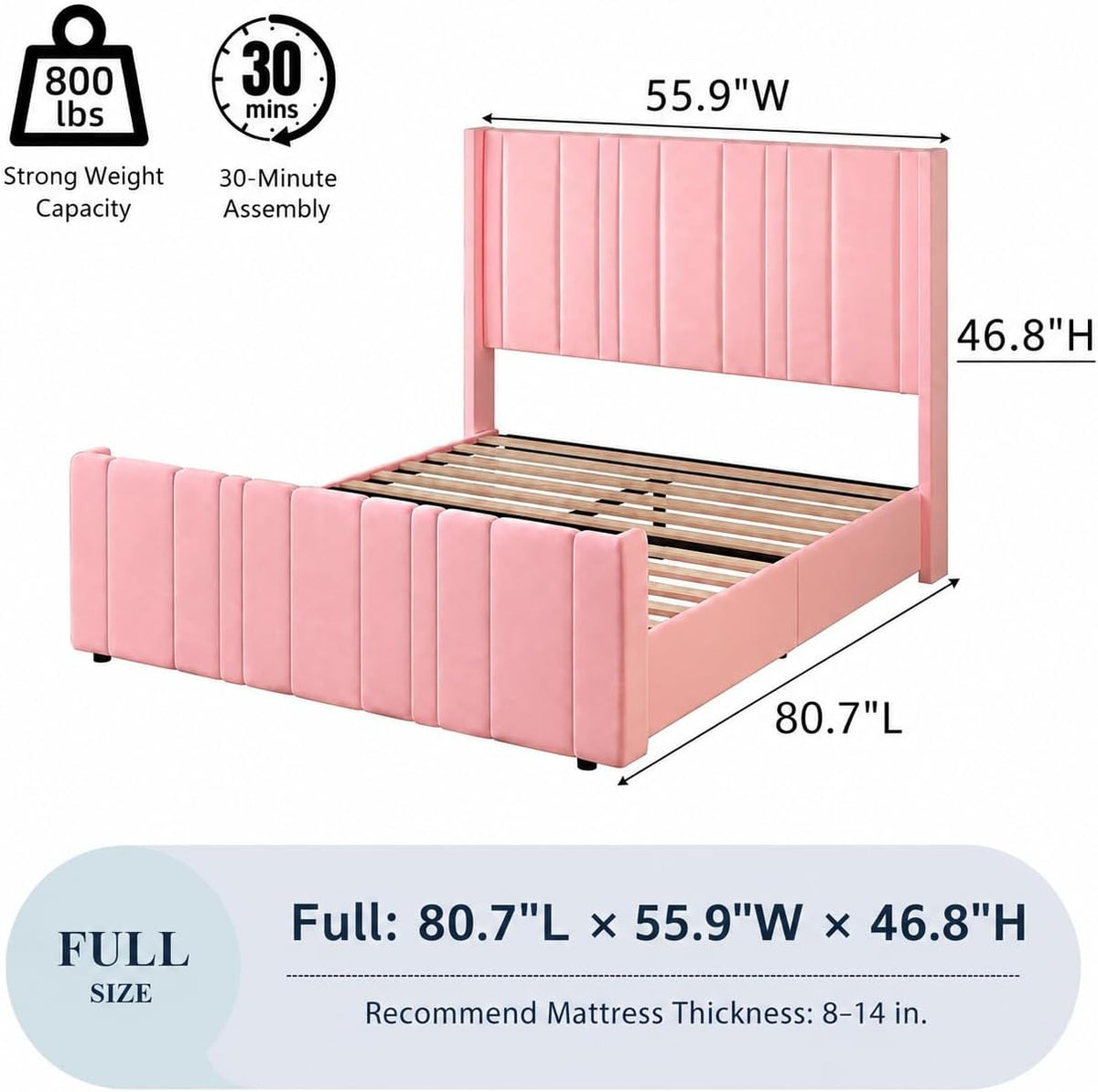 HOMBCK Pink Full Size Bed Frame Upholstered Bed with Velvet Tufted Headboard & Footboard, Mattress Foundation/Wooden Slats/Noise Free/No Box Spring Needed/Easy Assembly
