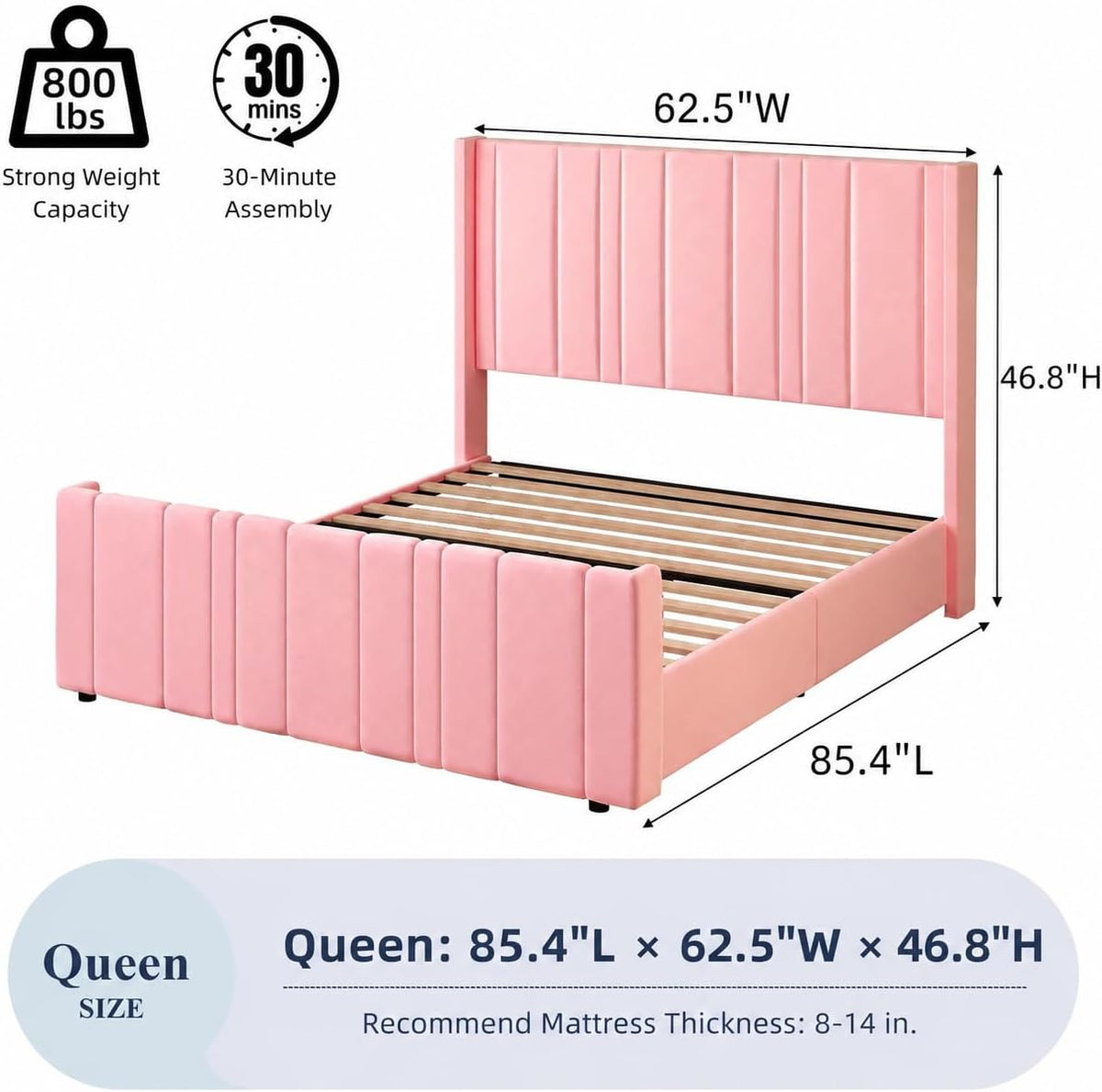 HOMBCK Queen Bed Frame Pink Upholstered Bed with Vertical Channel Tufted Headboard & 22' Footboard, Noise Free/Wooden Slats/Noise Free/No Box Spring Needed/Easy Assembly