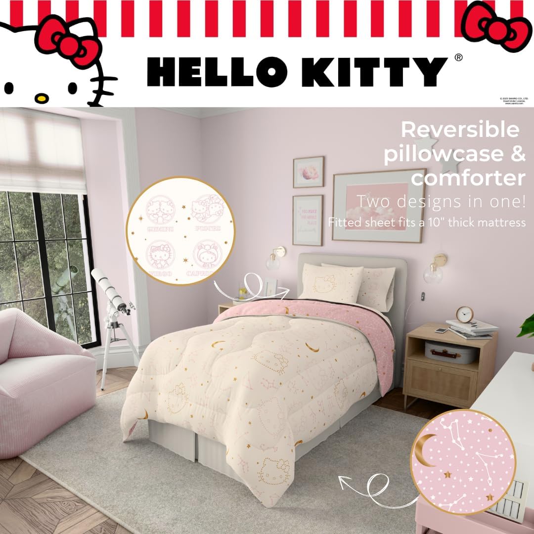 Lux Hello Kitty Velvet Bedding 5 Piece Super Soft Cozy Reversible Comforter and Sheet Set with Sham & Tote Bag, Twin, (Officially Licensed Product) By Franco