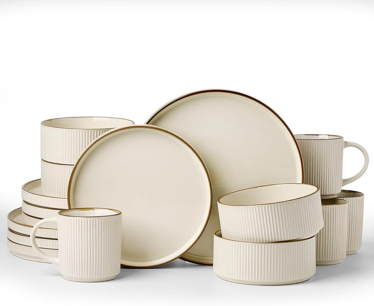 Famiware Star 16-Piece Stoneware Dinnerware Set with Trim, Service for 4 -Ceramic Mugs, Plates and Bowls, Modern Rustic Dishes with High Edge, Chip/Scratch Resistant, Microwave/Dishwasher Safe, Cream