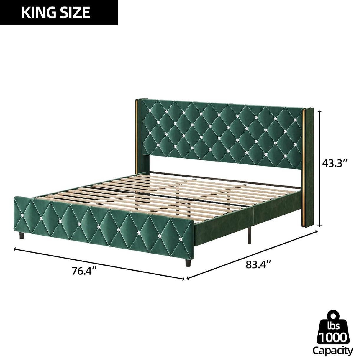 HOMBCK King Size Bed Frame with Headboard, Upholstered Platform Bed with Wingback Design, Modern Diamond Bed Frame with Tufted Deep Button, No Box Spring Needed, Easy Assembly, Green