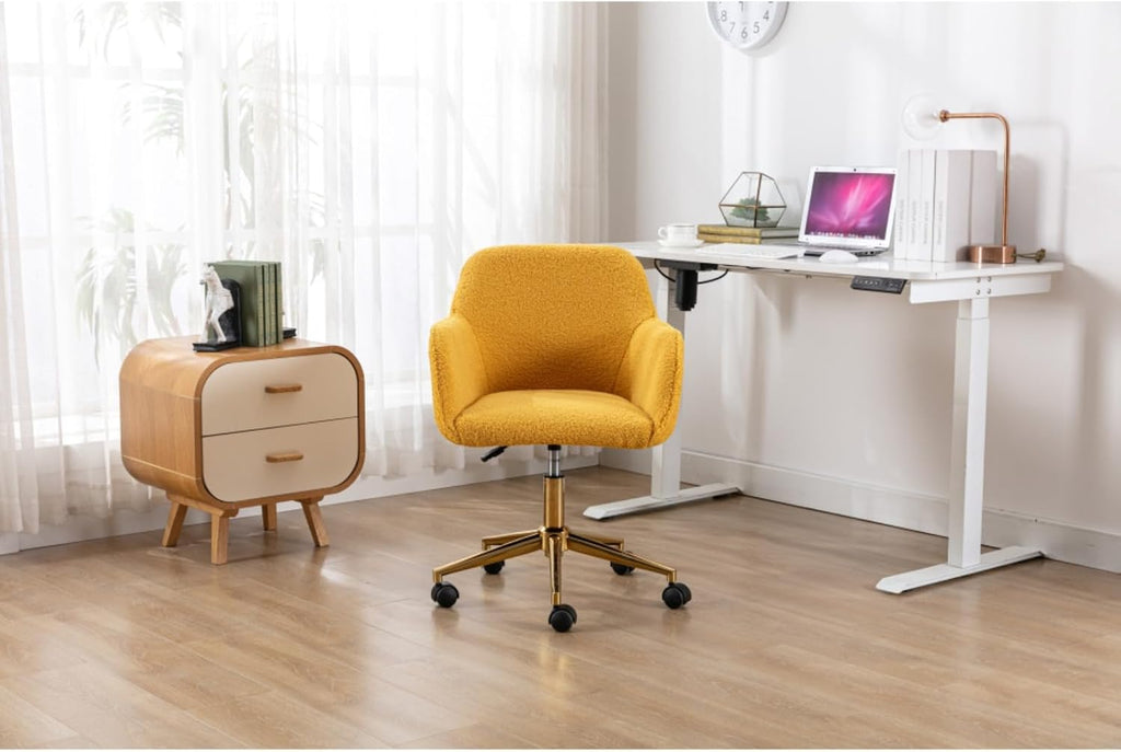 Hassyee Modern Teddy Fabric Material Adjustable Height 360 Revolving Home Office Chair with Gold Metal Legs and Universal Wheel for Indoor (Yellow)
