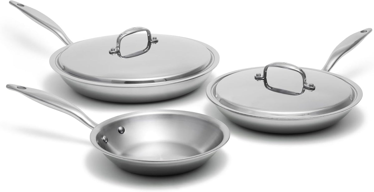 Heritage Steel 5 Piece Fry Pan Set | Made In USA | Titanium Series | 316Ti Skillet with Stay Cool Handle | Fully Clad Stainless Steel Pan with 5-Ply Construction | Induction Ready & Non Toxic