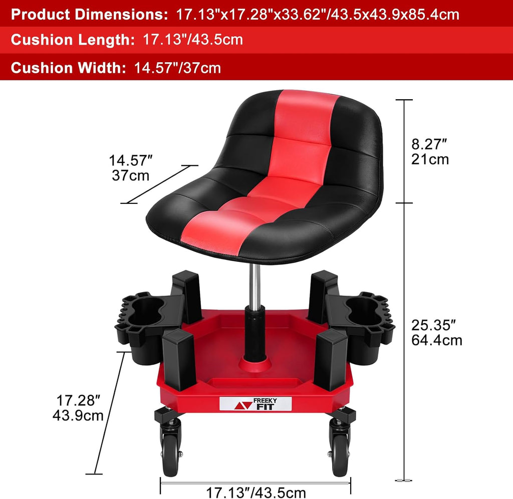 Rolling Shop Stool with Wheels, Adjustable Garage Mechanic Stool Seat Shop Roller Work Chair Mobile Rolling Seat with Tool Tray, 2 Cup Holders, 4' Casters, 350 LBS, Heavy-Duty, Red