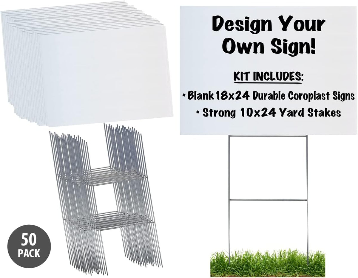Durable Blank Corrugated White Yard Sign Kit Includes 50 Large 18x24 Signs and Strong 10x24 Galvanized Steel Double H Yard Stakes - Pack of 50 18x24 Signs with Yard Stakes