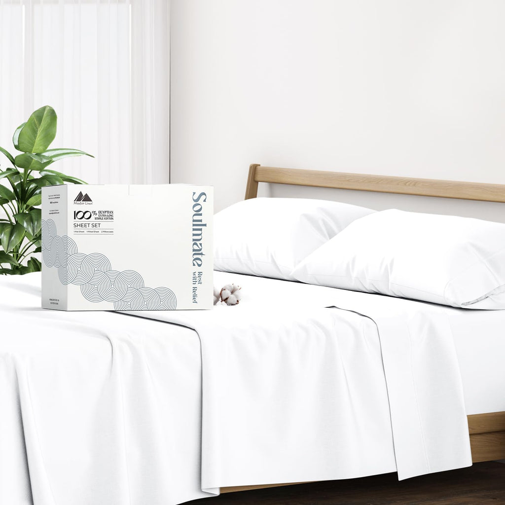 Mayfair Linen 100% Egyptian Cotton 2 Pack Queen Sheet Set - Luxury 500 Series Soulmate Collection Cotton Sheets Queen Size (8 PC, White), Soft, Cooling, Sateen 16' Deep Pocket Hotel Quality Sheet