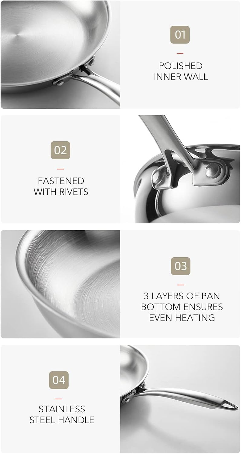 Stainless Steel Frying Pan - 3 Layers Stainless Steel Skillet for Omelette Cooking Professional Grade Pans for Cooking (Silver-28cm