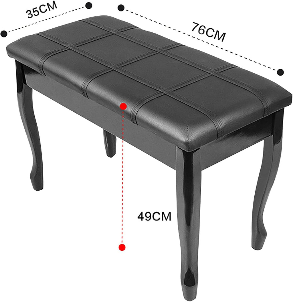 Deluxe Genuine Leather Piano Bench, Fixed Height Duet Piano Stool with Large Storage Box Keyboard Bench Vanity Stool, 76 x 35 x 49CM, Black