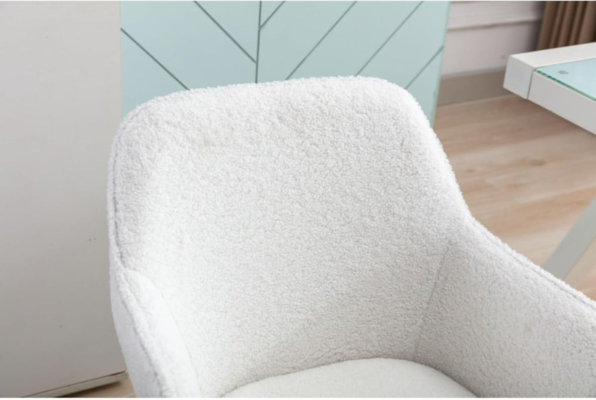 Hassyee Modern Teddy Fabric Material Adjustable Height 360 Revolving Home Office Chair with Gold Metal Legs and Universal Wheel for Indoor (White)