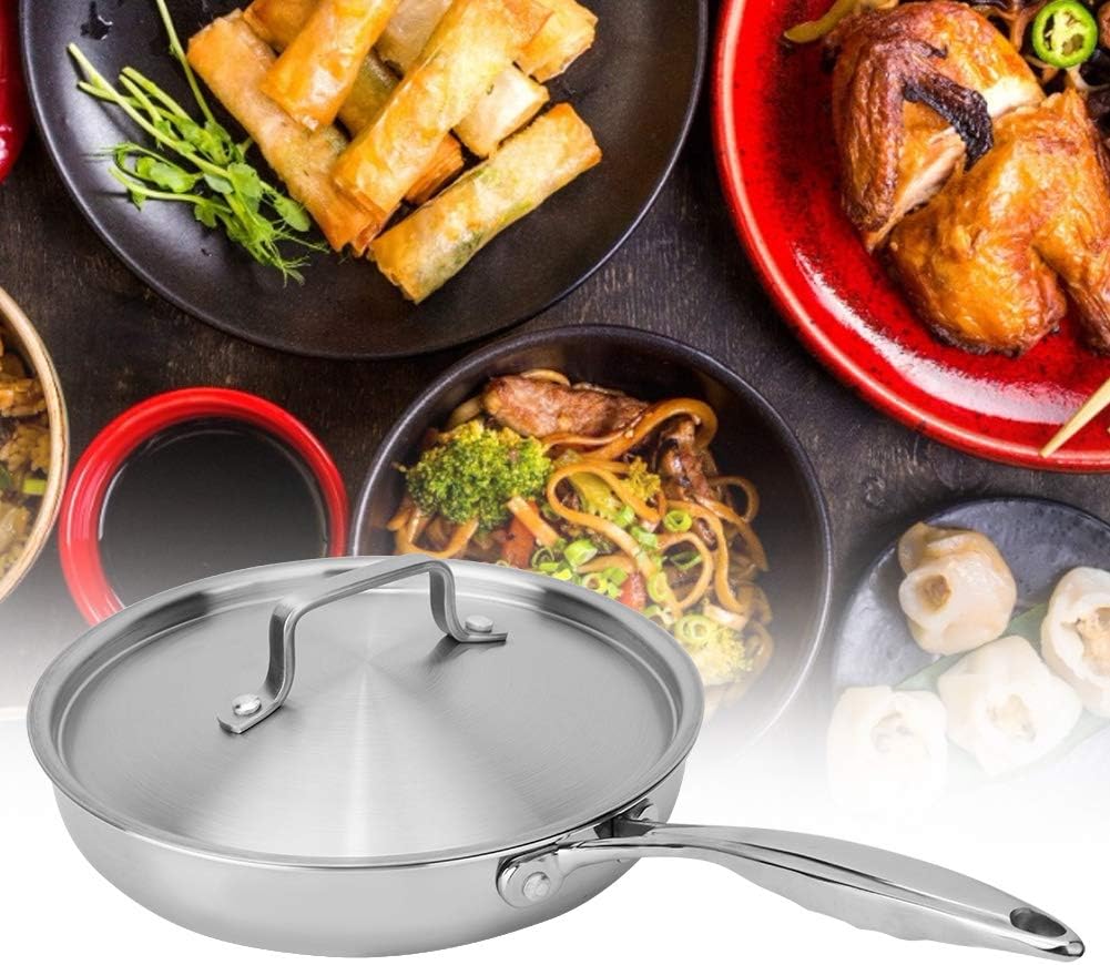 Non-Ctick Wok Saucepan Uncoated 304/403 Stainless Steel Aluminum Three Layer Flat Frying Pan 24cm with Pot Cover Kitchen Cooking Tool(