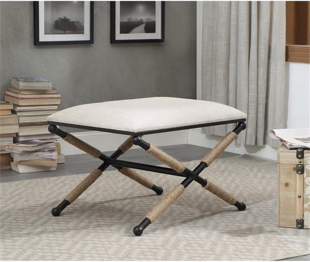 Riverbay Furniture Accent Stool, 24'x18'x18' Upholstered Seat, Neutral Fabric, Black Metal X-Design Legs with Rope Details, Transitional Style Seating for Vanity, Bedroom, or Hall