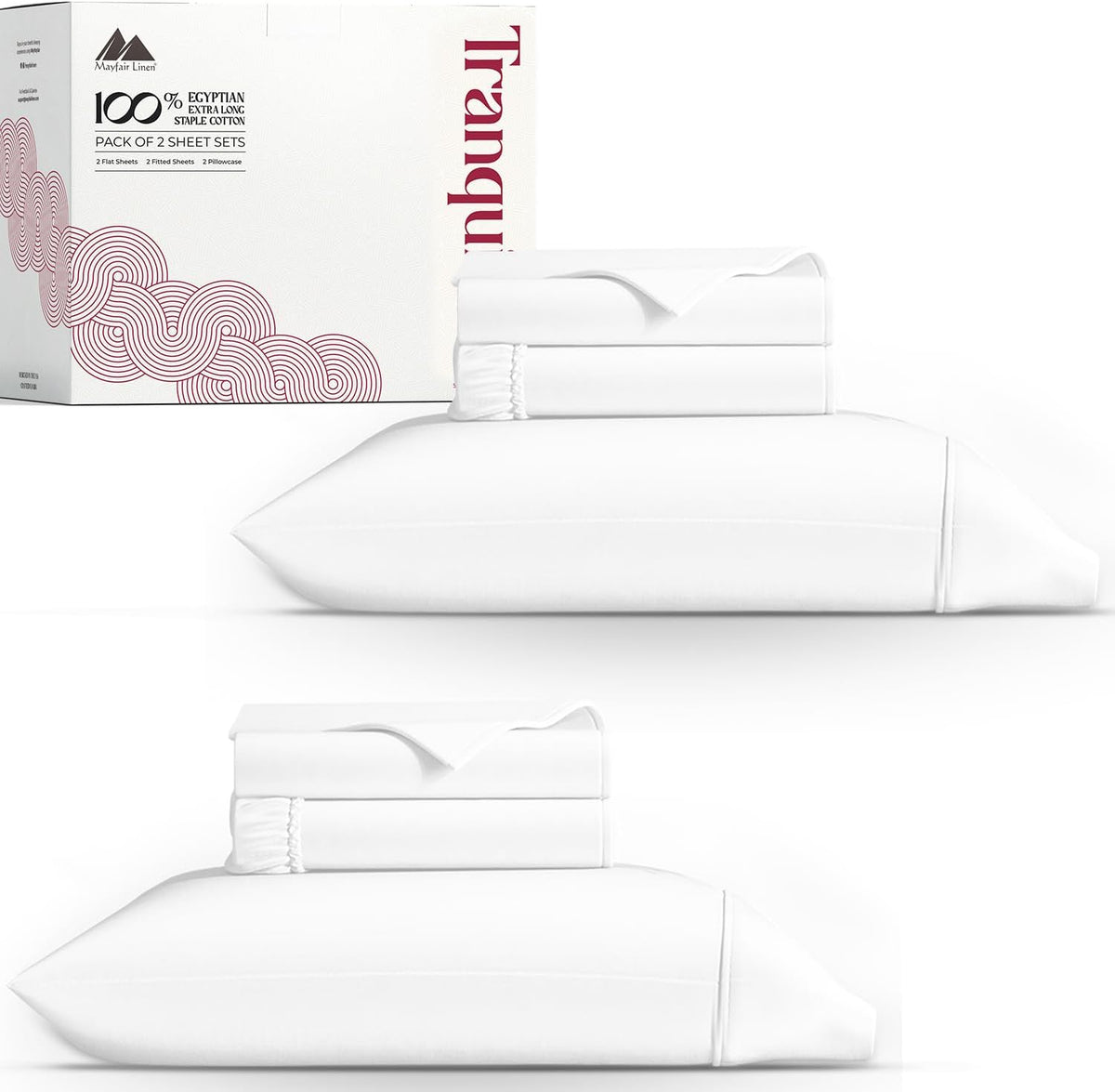 Mayfair Linen 100% Egyptian Cotton Twin XL Size Sheet Set - Luxury 800 Series Tranquil Collection Egyptian Cotton Twin XL Sheets (Pack of 2, White), Soft 16' Deep Pocket College Dorm Room Sheets
