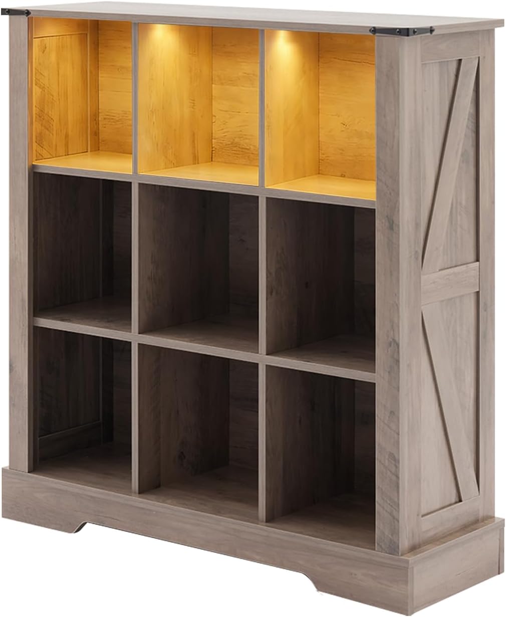 9 Cube Storage Organizer, Wood Cube Bookshelf with LED Lights, Horizontal Storage Cubes, Kids Bookshelf, Display Cabinet Cubby Shelf for Living Room Home Office Bedroom，Grey