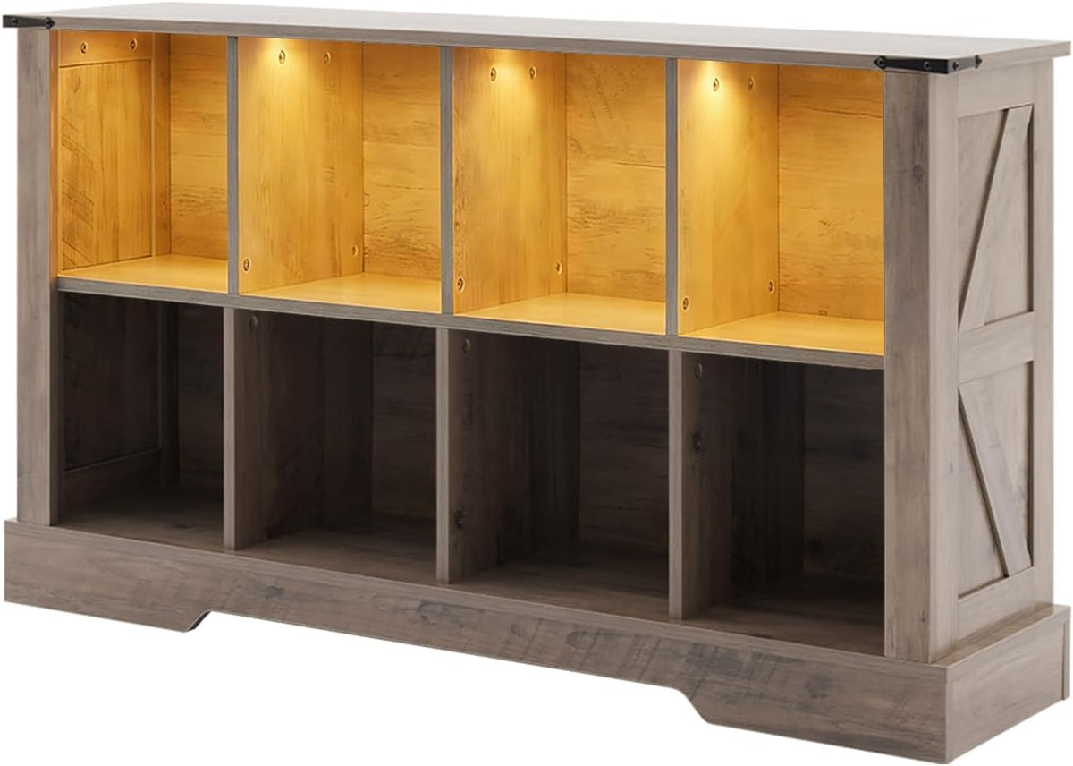8 Cube Storage Organizer, Wood Cube Bookshelf with LED Lights, Horizontal Storage Cubes, Kids Bookshelf, Display Cabinet Cubby Shelf for Living Room Home Office Bedroom，Grey
