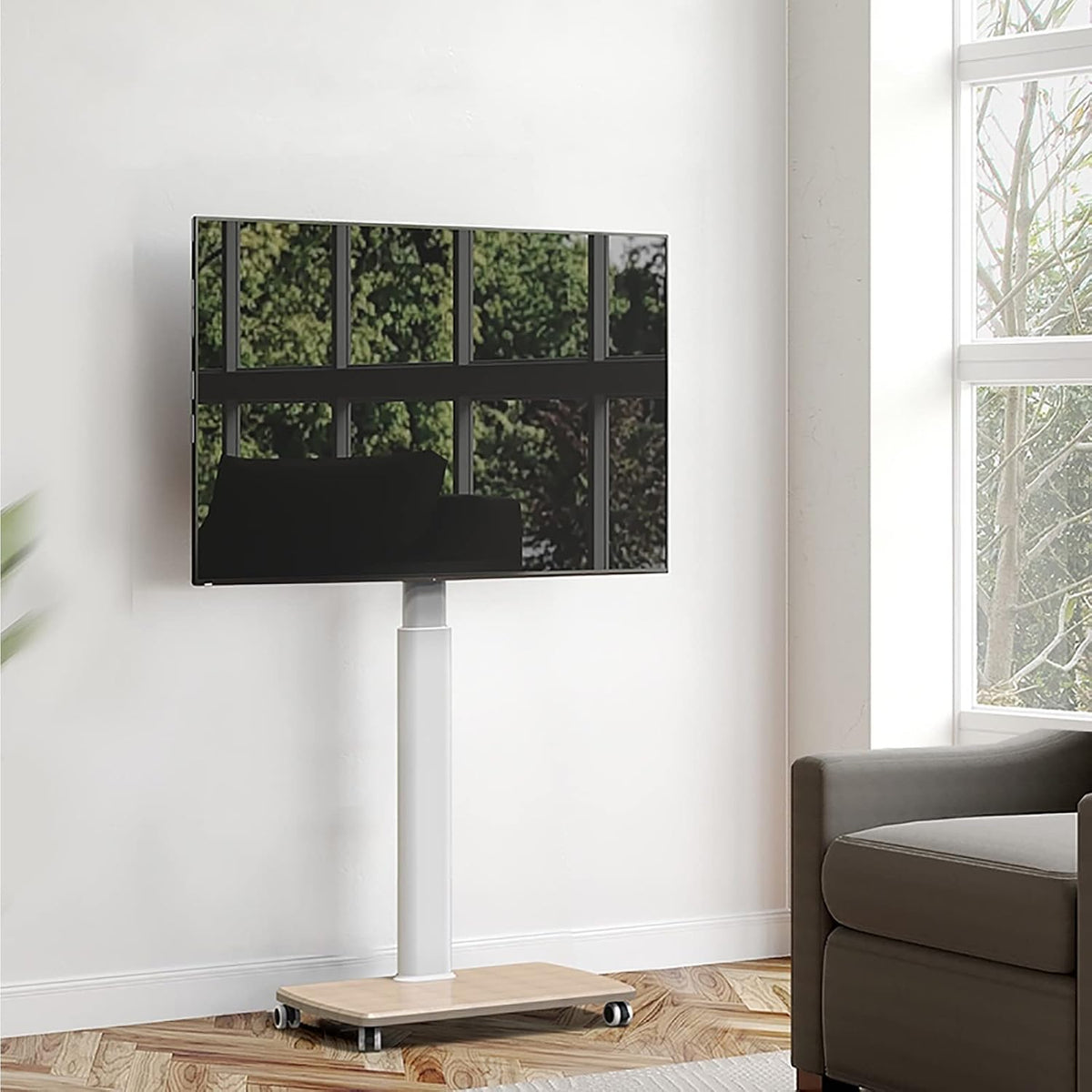 Universal TV Stand Rolling Floor TV Stand with Mount, Mobile TV Cart with Wheels for 37-75 Inch TVs, Sturdy Wooden Base, Height Adjustable Trolley