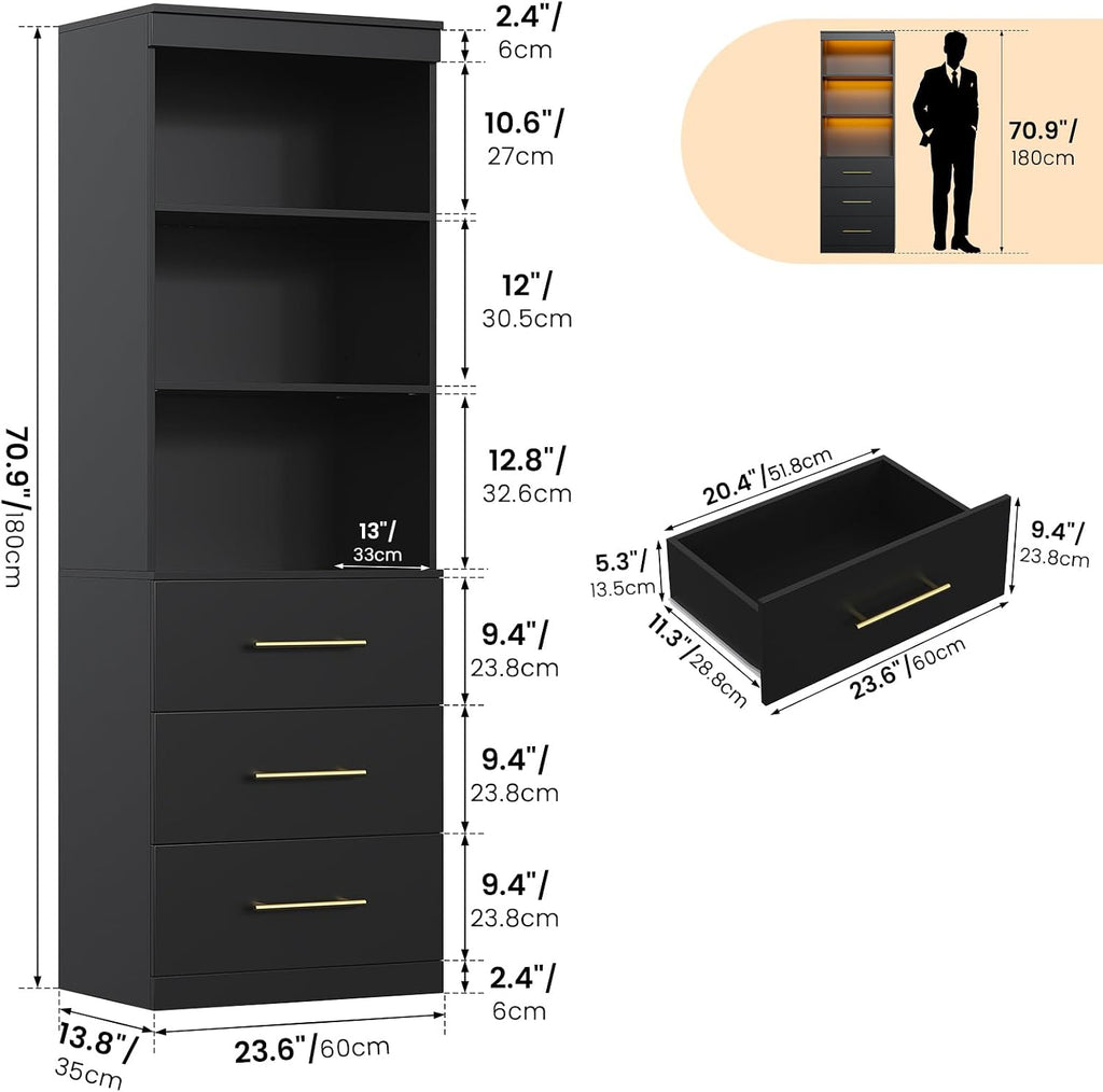 Winkalon 71'H Black Bookshelf with LED Light, Bookcase and Bookshelf with Drawers, Tall Bookcase Tall Storage Cabinet 3-Tier Open Shelves for Home Office Living Room Hallway, 15.8'D x 23.6'W x 70.9'H