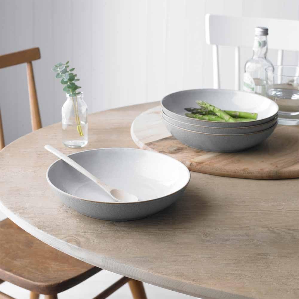 Denby - Elements Light Grey Pasta Bowls Set of 4 - Dishwasher Microwave Safe Crockery 1050ml 22cm - Pale Grey, White Ceramic Stoneware Tableware - Chip & Crack Resistant