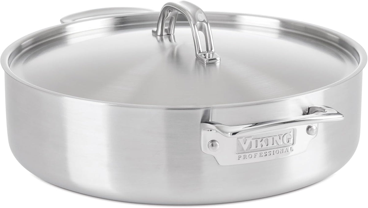 Viking 5-Ply Stainless Steel Casserole Pot with Lid, 6.4 Quart Cookware, Dishwasher and Oven Safe, Induction Ready, Satin Finish
