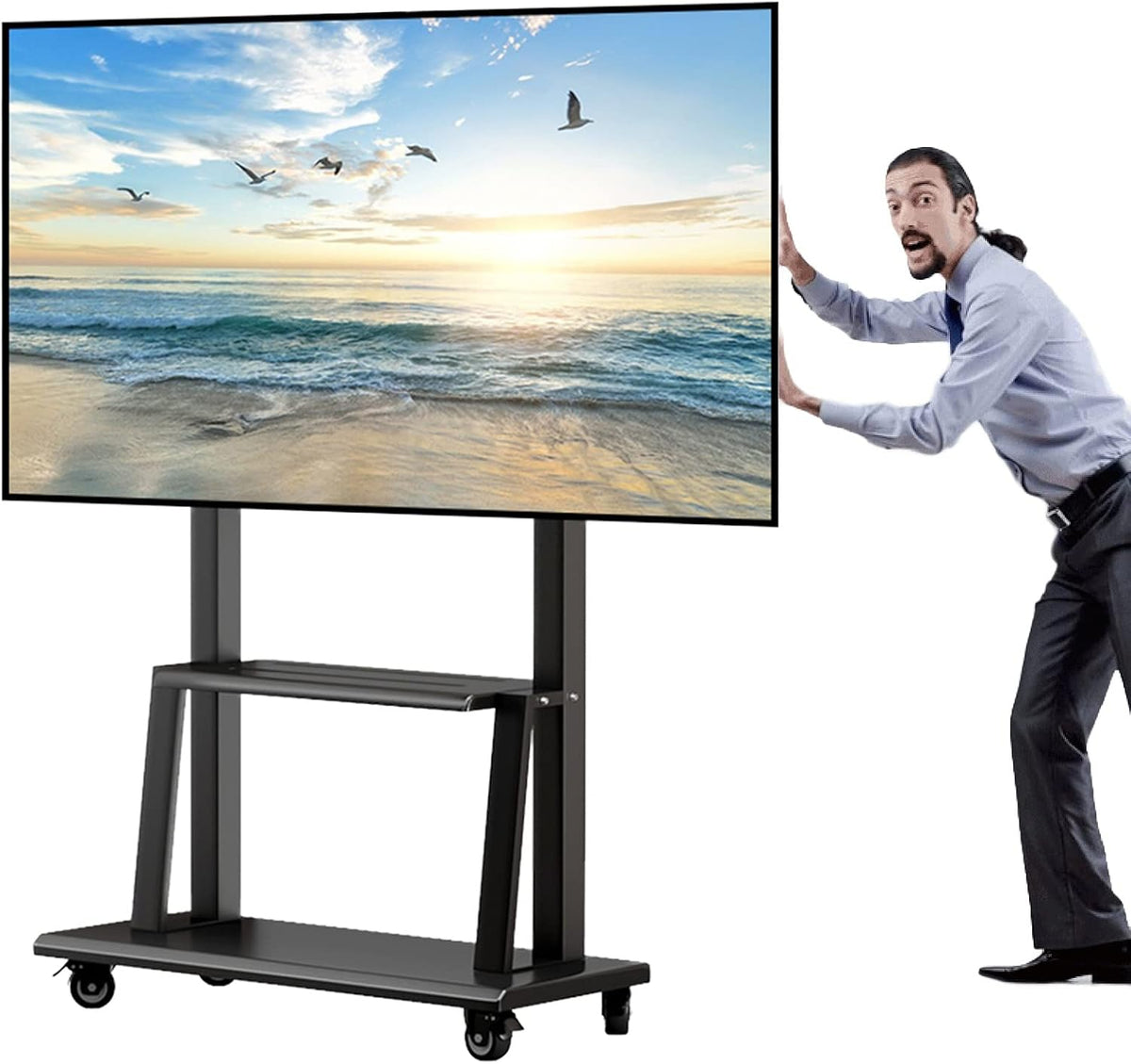 Mobile TV Stand on Wheels for 32-75 inch TVs, Black Universal Rolling TV Cart with Storage, Heavy Duty Tall Floor TV Stand for Bedroom Living Room Beautiful Scenery