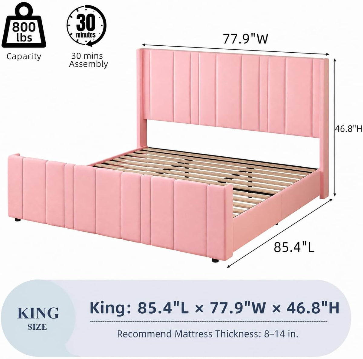 HOMBCK King Size Bed Frame and Headboard, Upholstered Bed with Vertical Channel Tufted Headboard & Footboard, Wooden Slats/Noise Free/No Box Spring Needed/Easy Assembly, Pink
