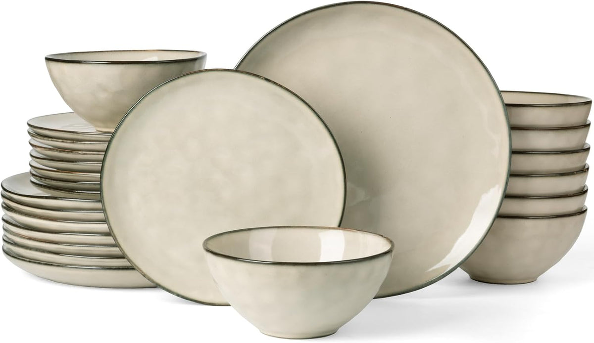 Famiware Dinnerware Sets for 8, Ocean Round 24-Piece Kitchen Plates and Bowls Sets, Microwave and Dishwasher Safe, Scratch Resistant, Light khaki