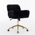Plush Faux Fur Desk & Vanity Chair with Gold Base – Comfy Adjustable Girls Desk Chair, Makeup Chair, 360° Swivel, Tilt Backrest, Rolling Wheels – Modern Chic Home Office Seating,Black