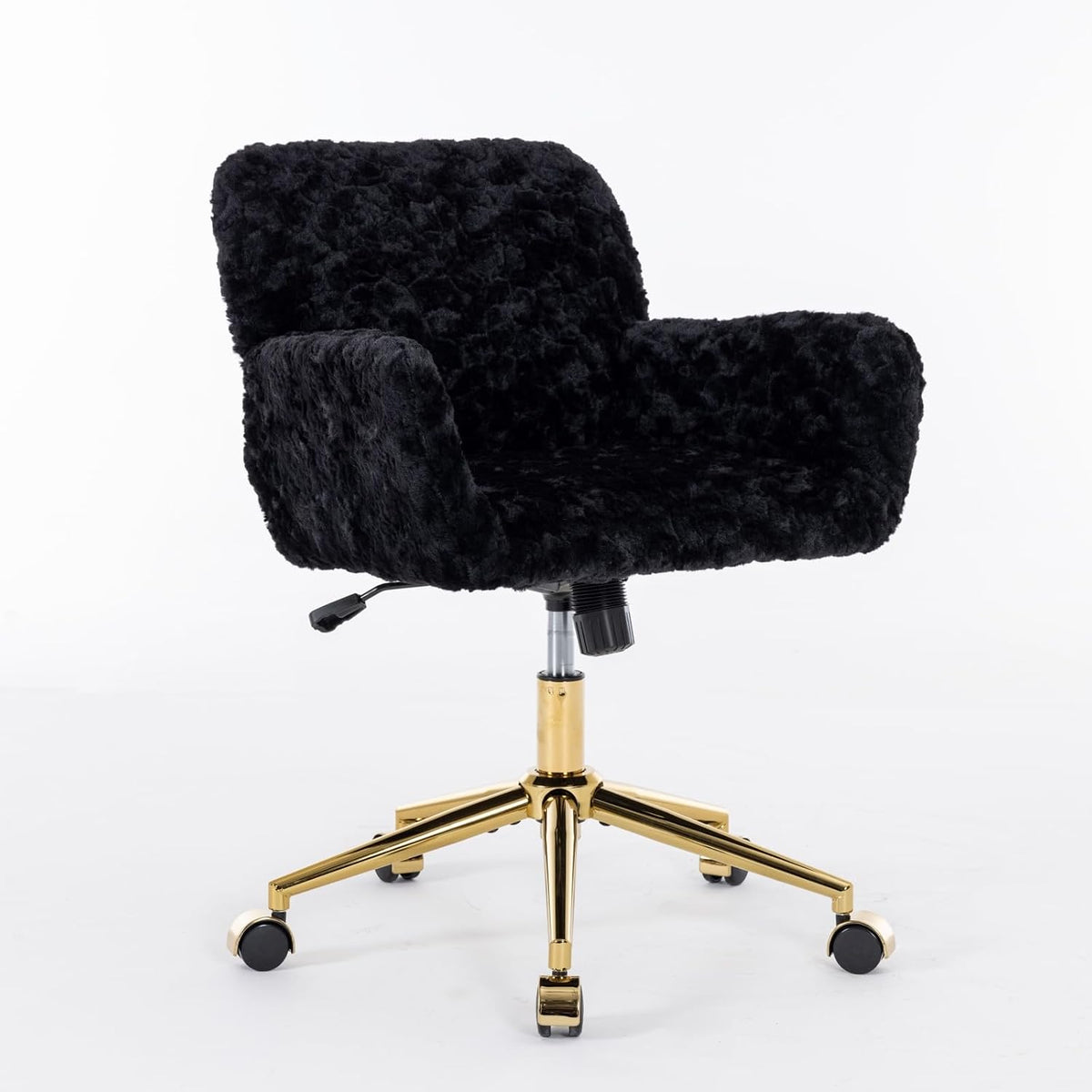 Plush Faux Fur Desk & Vanity Chair with Gold Base – Comfy Adjustable Girls Desk Chair, Makeup Chair, 360° Swivel, Tilt Backrest, Rolling Wheels – Modern Chic Home Office Seating,Black