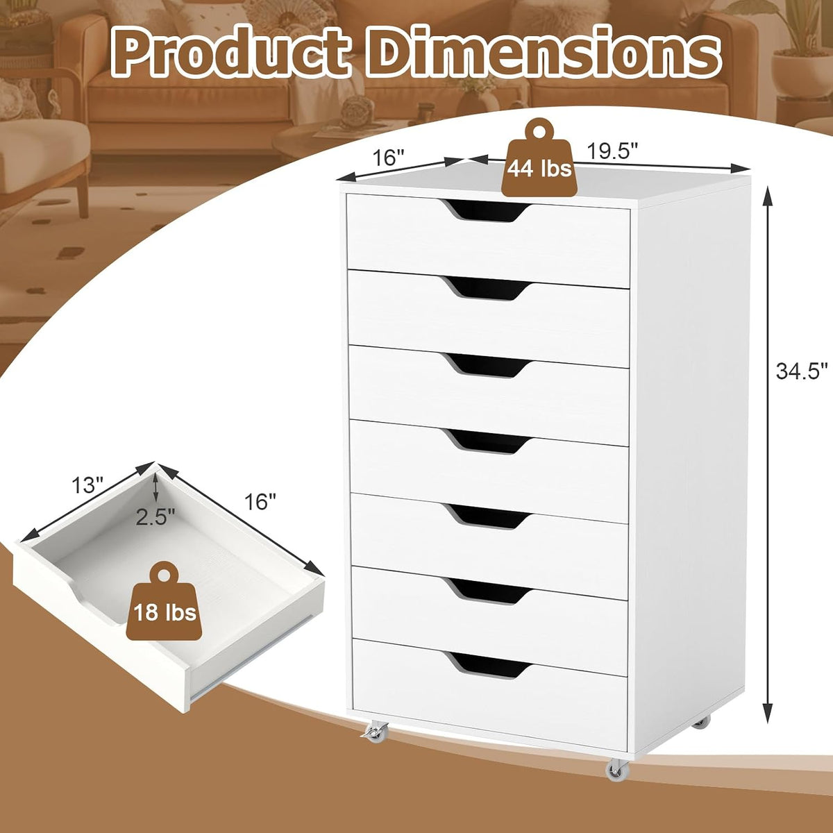 Giantex Drawers Cabinet Mobile Lateral Filing Organizer with 7 Drawers and Wheels Mobile Side Cabinet Chest for Home Office Storage Use 7-Drawer Dresser (19' x 16' x 34.5', White)