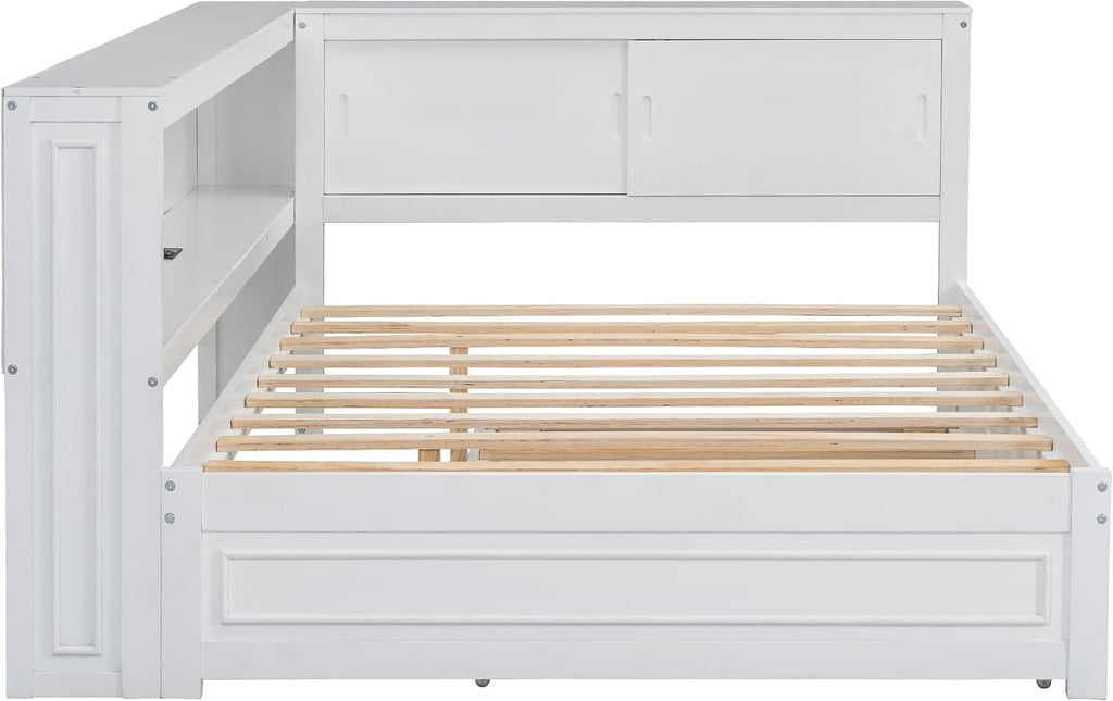SOFTSEA Full Size Daybed with Trundle and Storage, L-Shaped Corner Bed with Bookcase, LED Lights & USB Ports, Wood Day Bed Frame with Reversible Headboard for Kids Teens Adults, White