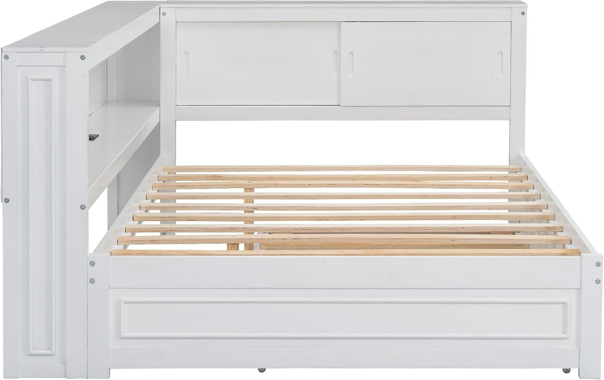 SOFTSEA Full Size Daybed with Trundle and Storage, L-Shaped Corner Bed with Bookcase, LED Lights & USB Ports, Wood Day Bed Frame with Reversible Headboard for Kids Teens Adults, White