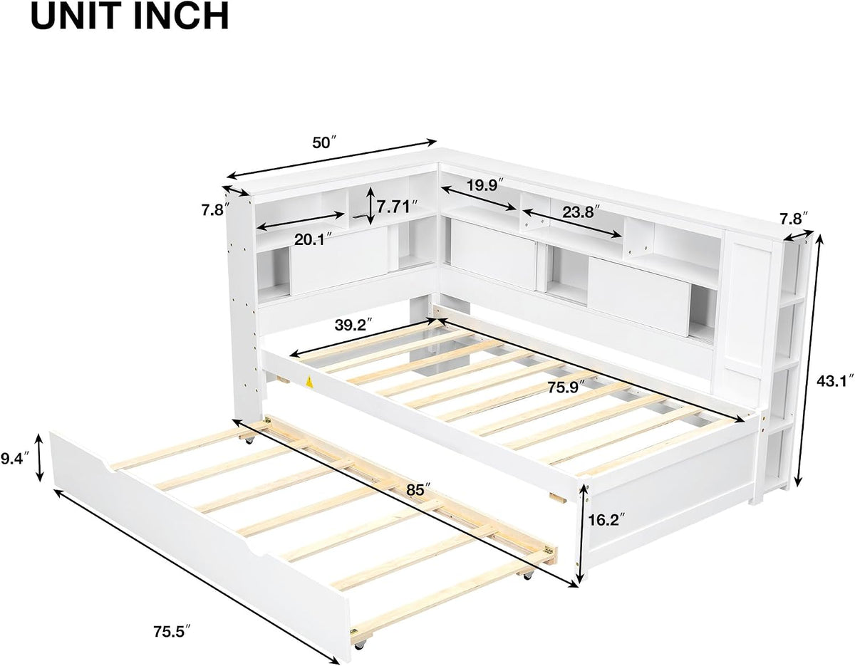 Merax Twin Corner Bed Frame, Twin Size Corner Beds with Trundle, Daybed with Storage Bookcase and Charging Station, Wood Platform Bed for Kids and Teen, White